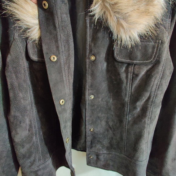CALSON Brown Suede 100% Leather, Faux Fur Collar Long Sleeve Button Up Jacket L - Picture 4 of 10